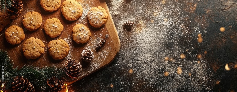 Golden cookies on a wooden tray surrounded by festive decorations, sprinkle of flour, warm glow of holiday lights.