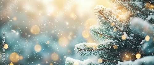 A beautiful snow-covered Christmas tree background with falling snowflakes and bokeh lights.