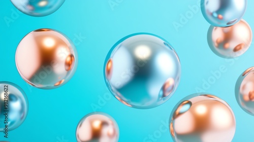 Abstract background with metallic spheres floating in mid-air.