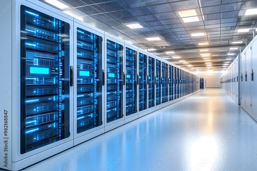 Modern data center with rows of illuminated server racks Modern data center with rows of illuminated server racks