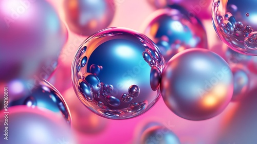 Abstract colorful 3D spheres reflecting light.