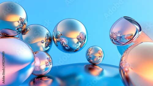 Abstract iridescent spheres on a blue background.