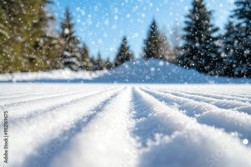 A beautiful winter background with snow and snowflakes falling from the sky.