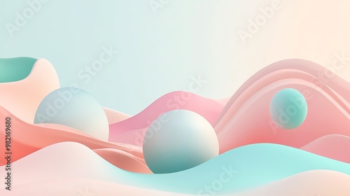 Abstract pastel background with 3d spheres and wavy shapes.