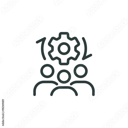 Team training, teamwork development, crm system outline icon. Line sign group of three people with a gear. Vector isolated pictograms for web on white background editable stroke.