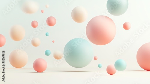 Abstract background of pastel-colored spheres floating in mid-air against a white background.
