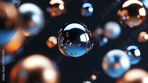 Abstract spheres of silver and gold  float in a dark background.