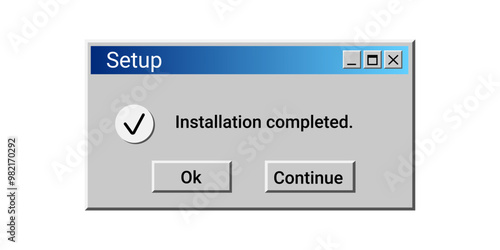 Old setup window wit blue color. Installation completed message. Retro installer program.