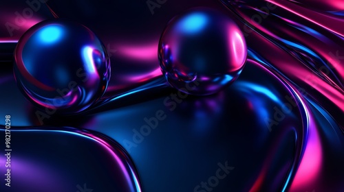 Abstract 3D rendering of shiny iridescent spheres on a wavy surface.
