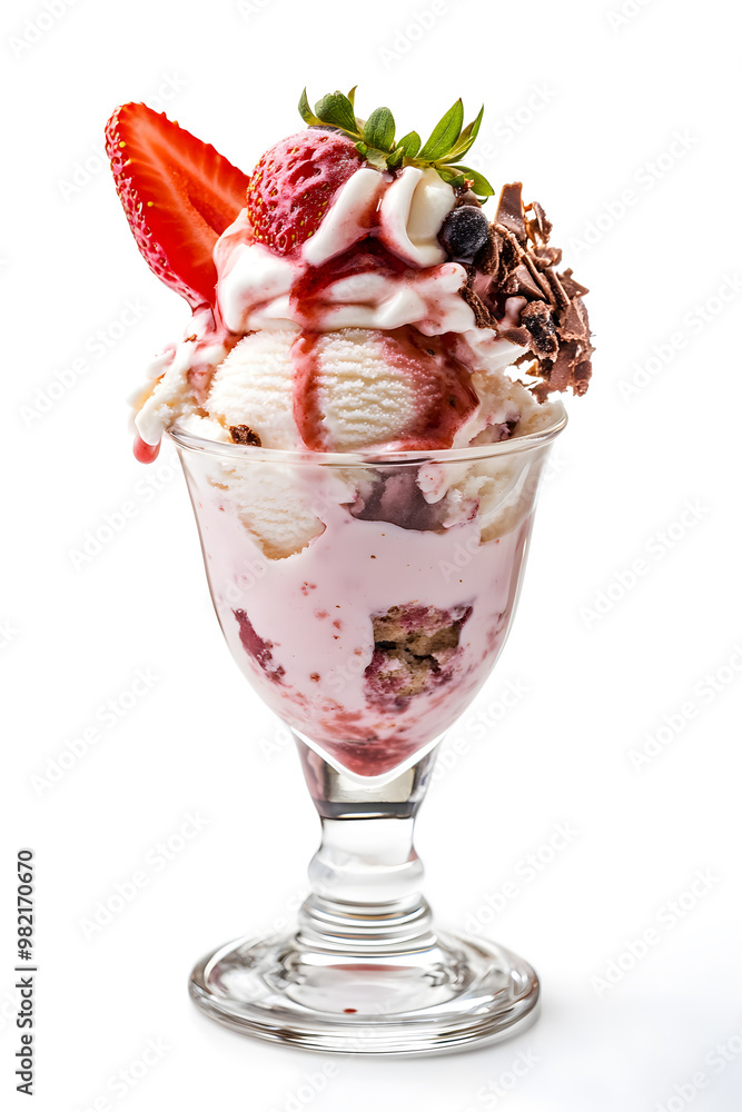 A sundae glass filled with delicious strawberry ice cream, topped with topping and fresh strawberries, isolated on a white background A sundae glass filled with delicious strawberry ice cream, topped with topping and fresh strawberries, isolated on a white background