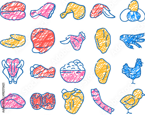 chicken carcass, meat and organs doodle icons set vector. sketch line art chicken broiler skinless and boneless fillet and quarter back, wings and drumstick, liver and heart color illustrations