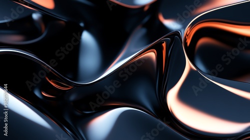 Abstract wavy background of black and orange glossy liquid.