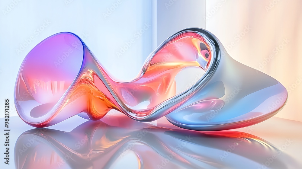 A 3D abstract rendering of a flowing, iridescent object that appears to be made of glass. A 3D abstract rendering of a flowing, iridescent object that appears to be made of glass.