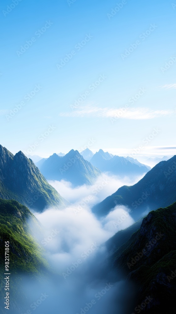 A serene mountain landscape enveloped in a gentle mist, showcasing peaks under a clear blue sky. Perfect for nature lovers. A serene mountain landscape enveloped in a gentle mist, showcasing peaks under a clear blue sky. Perfect for nature lovers.