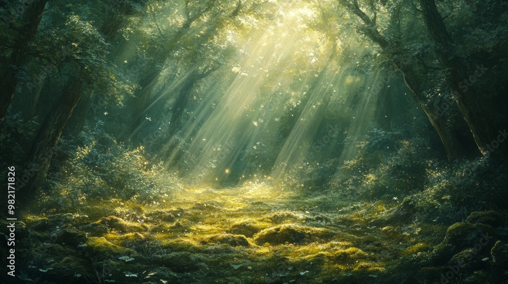 Obraz premium Sunbeams Illuminating a Mossy Forest Floor