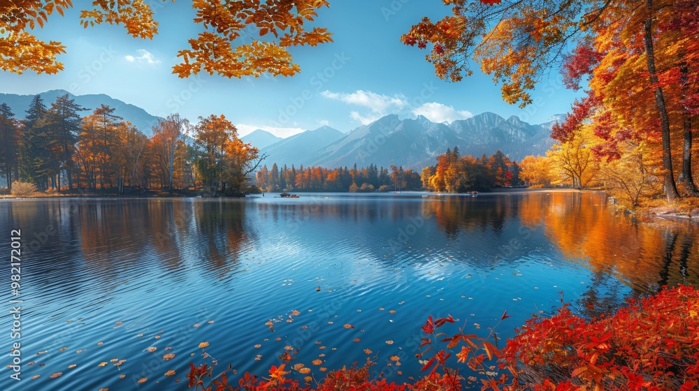 Obraz premium autumn lake landscape with tree