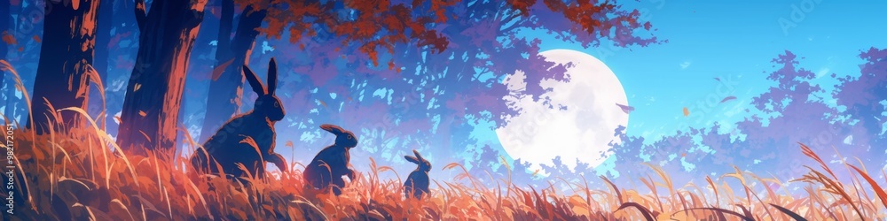 Fototapeta premium Enchanting Autumn Night: Anime-Style Illustration of Rabbits Foraging in Moonlit Meadow. Whimsical Decorative Art for Nature-Inspired Campaigns, Seasonal Promotions, and 4K Wallpapers. Perfect for Cu