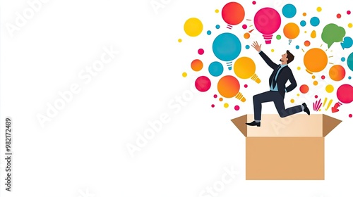 A businessman jumping out of a box with vibrant, colorful success symbols, representing breaking free from conventional business norms photo