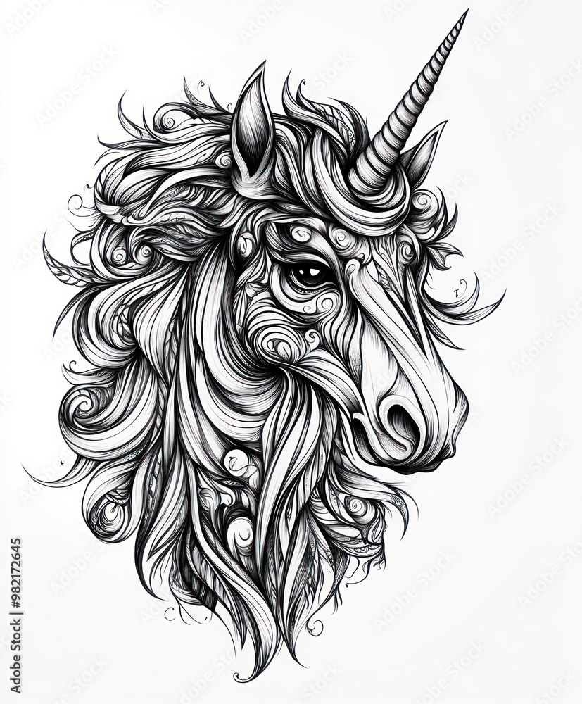 A detailed black and white illustration of a unicorn's head with intricate designs. A detailed black and white illustration of a unicorn's head with intricate designs.