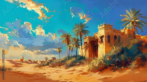 Ancient desert palace with palm trees under vibrant sky