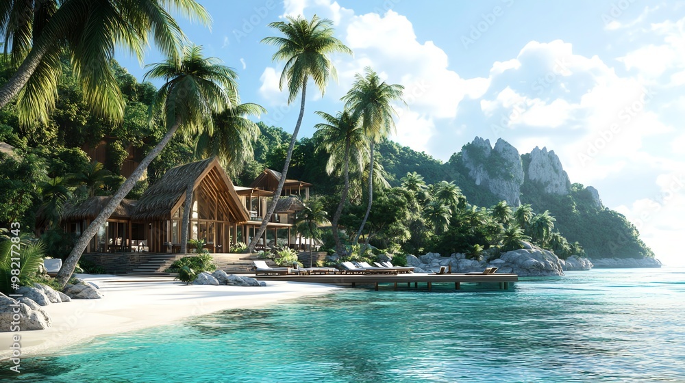 Obraz premium Luxury tropical beach resort with a wooden dock.
