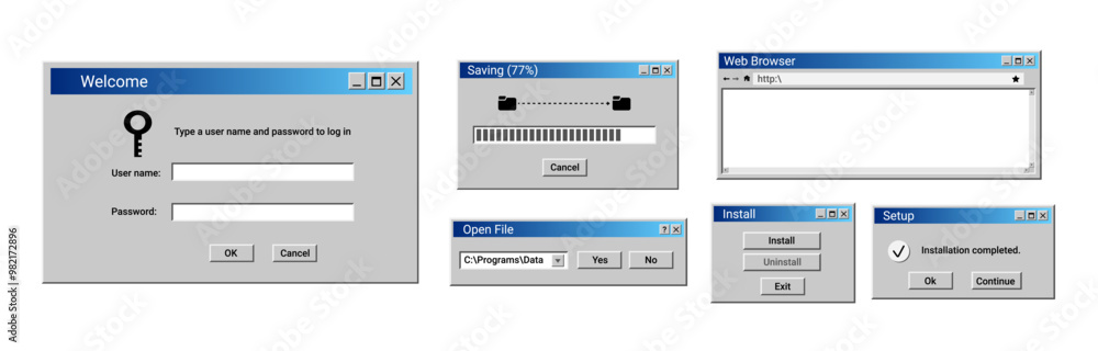 Old user interface windows. Retro loading window. Open file panel in blue. Retro browser page.