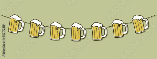 beer fest decoration, beer mug garland, Oktoberfest vector decorative element