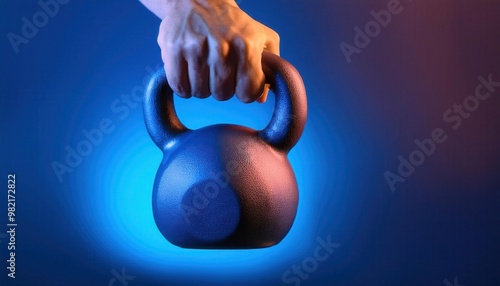 A hand holding a blue kettlebell against a blue and red gradient background photo