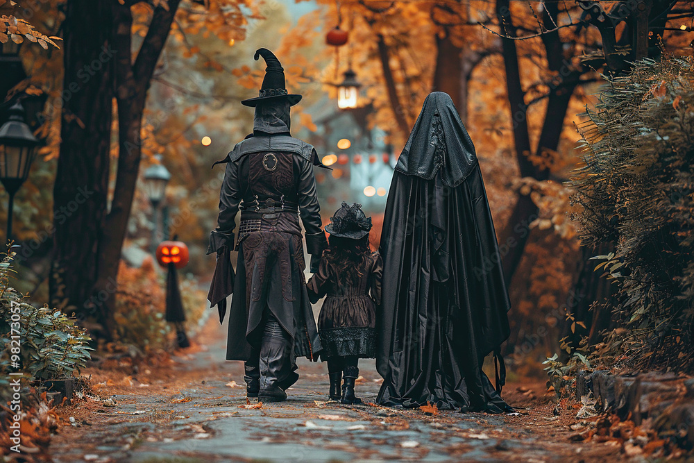 Parents and their child in creepy costumes go to celebrate Halloween. Parents and their child in creepy costumes go to celebrate Halloween.