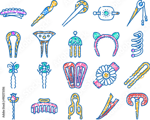 hair pin decorative accessory doodle icons set vector. sketch line art golden hair pin with gemstone and decorated butterfly, rose bud and chamomile flower. stylish for hairstyle color illustrations