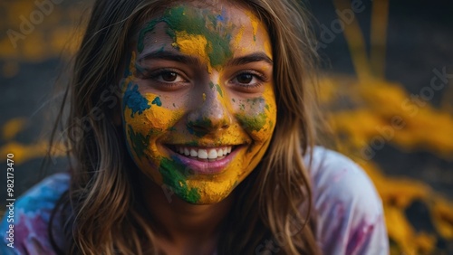 A young woman with a joyful smile, her face covered in vibrant colored powder, likely from a festival or celebration.