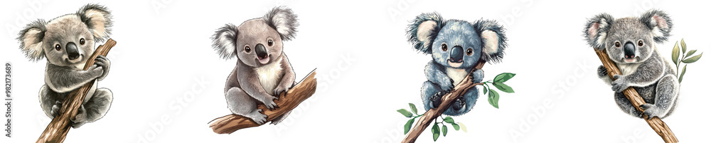 Obraz premium Four playful koalas perched on branches in a serene setting Transparent Background.