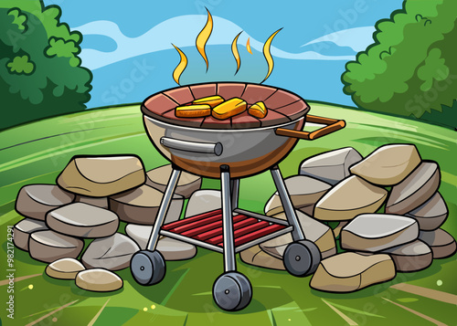 cartoon vector illustration of barbecue grill, stone field isolated background