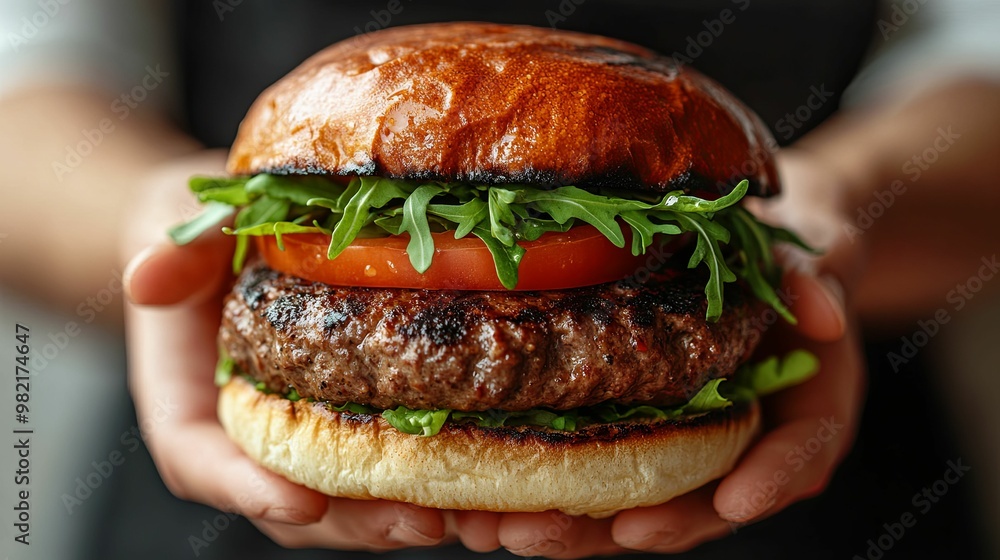 Close-up of a Juicy Beef Burger with Tomato and Arugula in Hands Close-up of a Juicy Beef Burger with Tomato and Arugula in Hands
