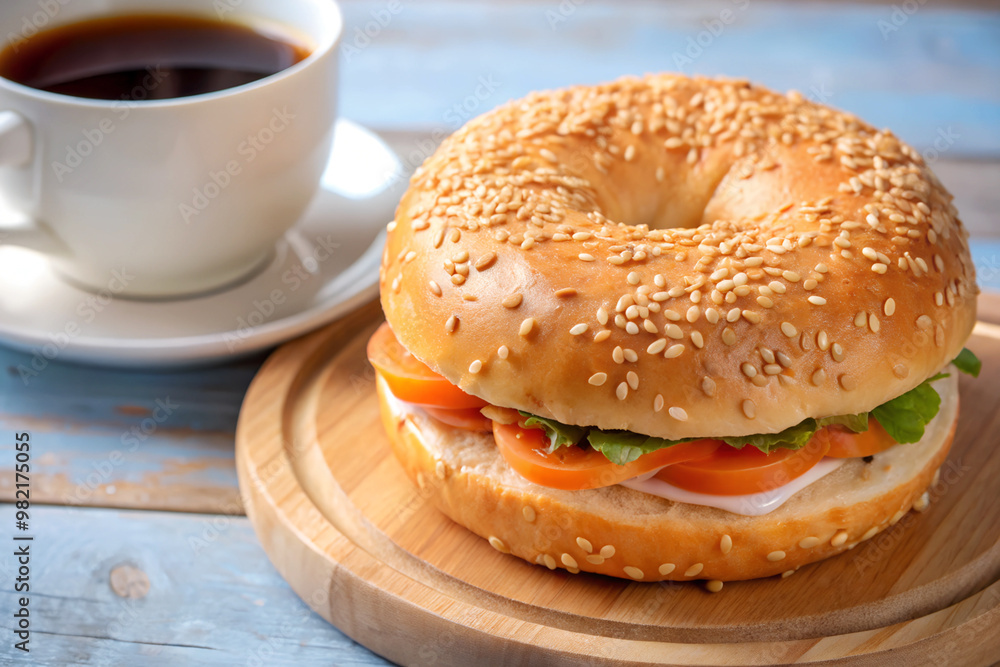 Fresh bagel sandwich with coffee on wood Fresh bagel sandwich with coffee on wood