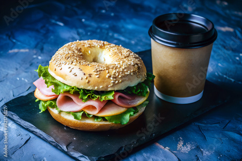 Fresh bagel sandwich with ham and coffee to-go