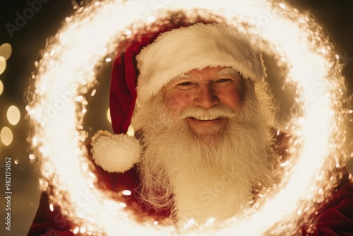 Santa with a glowing ring of light in his hands and snow falling around him creates a festive, magical scene for holiday campaigns. photo