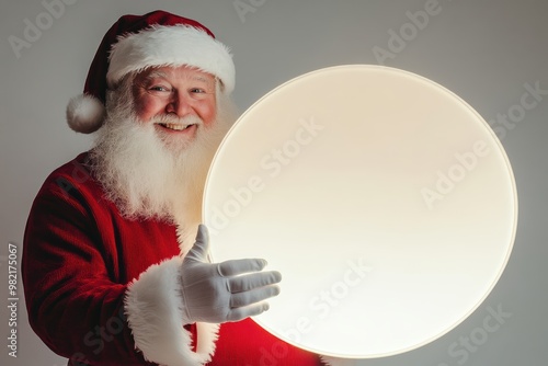 Santa holds a bright orb in a snowy, enchanting atmosphere, his warm smile and red suit adding to the sense of festive wonder. photo