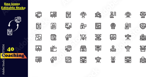 Vector line icon set related to mentoring, persistence, determination, goal-setting, workshops, and professional counseling services.