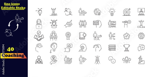 Vector line icon set related to mentoring, persistence, determination, goal-setting, workshops, and professional counseling services.