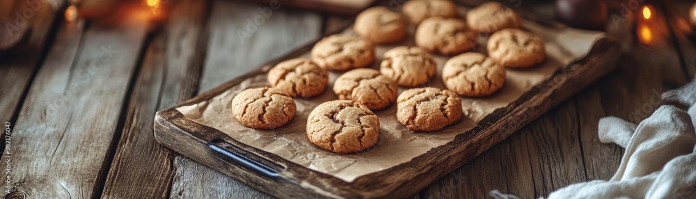 Freshly baked cookies arranged on a wooden tray, perfect for cozy gatherings and festive celebrations. Freshly baked cookies arranged on a wooden tray, perfect for cozy gatherings and festive celebrations.