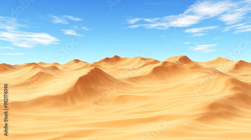 A vast desert landscape with rolling sand dunes under a clear blue sky with white clouds.