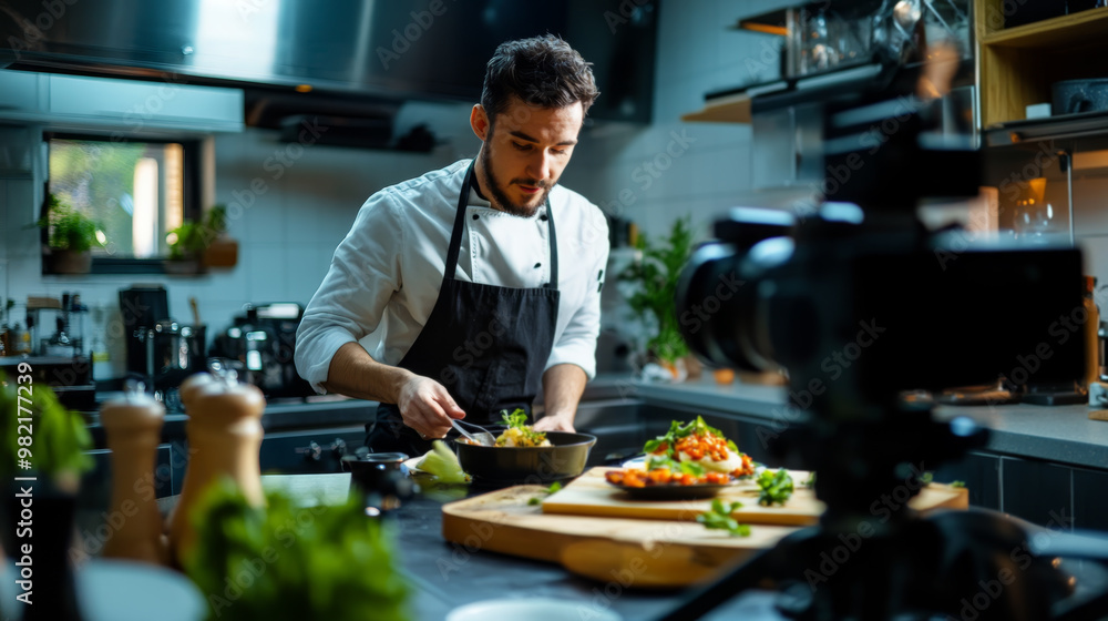 Culinary Influencer Filming Gourmet Dish Preparation Culinary Influencer Filming Gourmet Dish Preparation