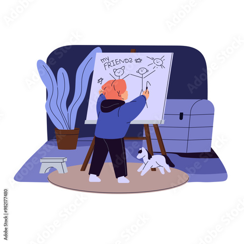 Lonely child drawing doodle friends on whiteboard back view. Unhappy kid is in dark nursery room alone. Sad boy is in solitude, loneliness. Flat isolated vector illustration on white background