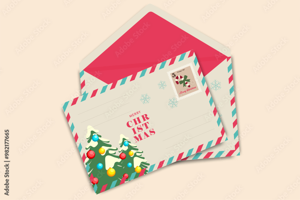 Christmas envelope and greeting card with Christmas tree and holiday stamp on colorful background. Merry Christmas card. Winter Holiday Vintage Greeting Card. Christmas envelope and greeting card with Christmas tree and holiday stamp on colorful background. Merry Christmas card. Winter Holiday Vintage Greeting Card.