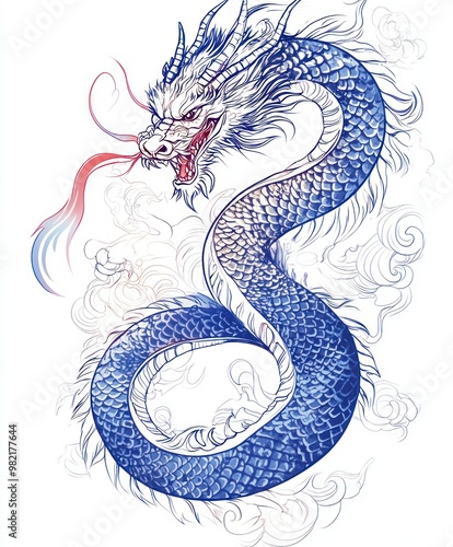 A detailed illustration of a blue dragon, coiling with a fierce expression and vibrant colors.