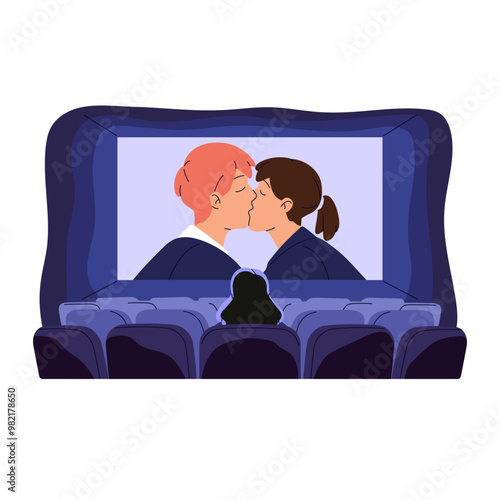 Single woman watches movie alone in empty theater. Lonely person is in cinema in solitude, loneliness. Romantic couple kisses in romance film. Flat isolated vector illustration on white background