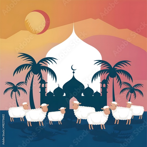 beautiful Eid al Adah art greetings with golden lantern, half moon and dark Arabian culture background. abstract vector illustration design. photo