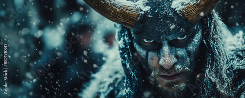 Dark fantasy portrait of horned man during snowfall. Winter solstice concept. Image for event poster and banner with copy space. photo