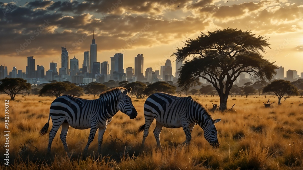 Fototapeta premium Zebras Grazing on Grass with a Big City Skyline in the Background, Africa